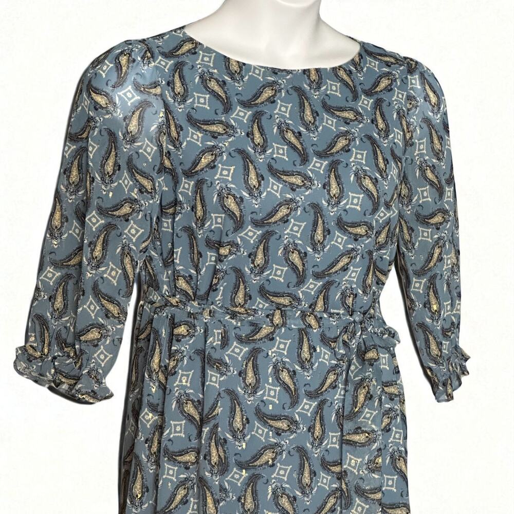 Marella Iser Paisley Print Belted Dress Sz 6 Blue Metallic Boat Neck Half Sleeve - Picture 4 of 8